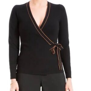 Nordstrom MAX STUDIO women’s black brown trim knit Wrap Sweater top size Large
